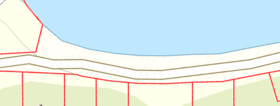 Map illustrating a road between a property and lake frontage.