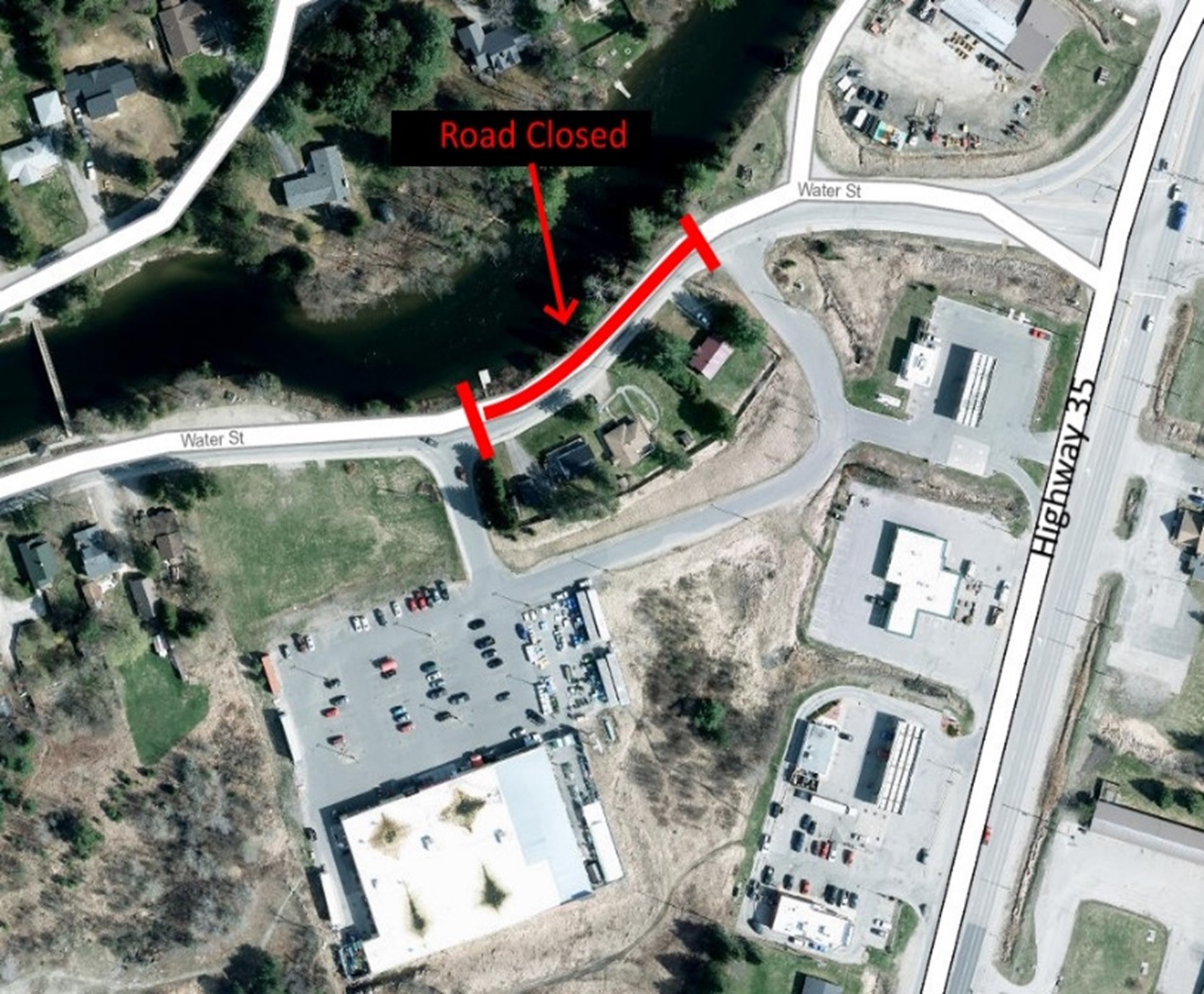 aerial map of water street closure