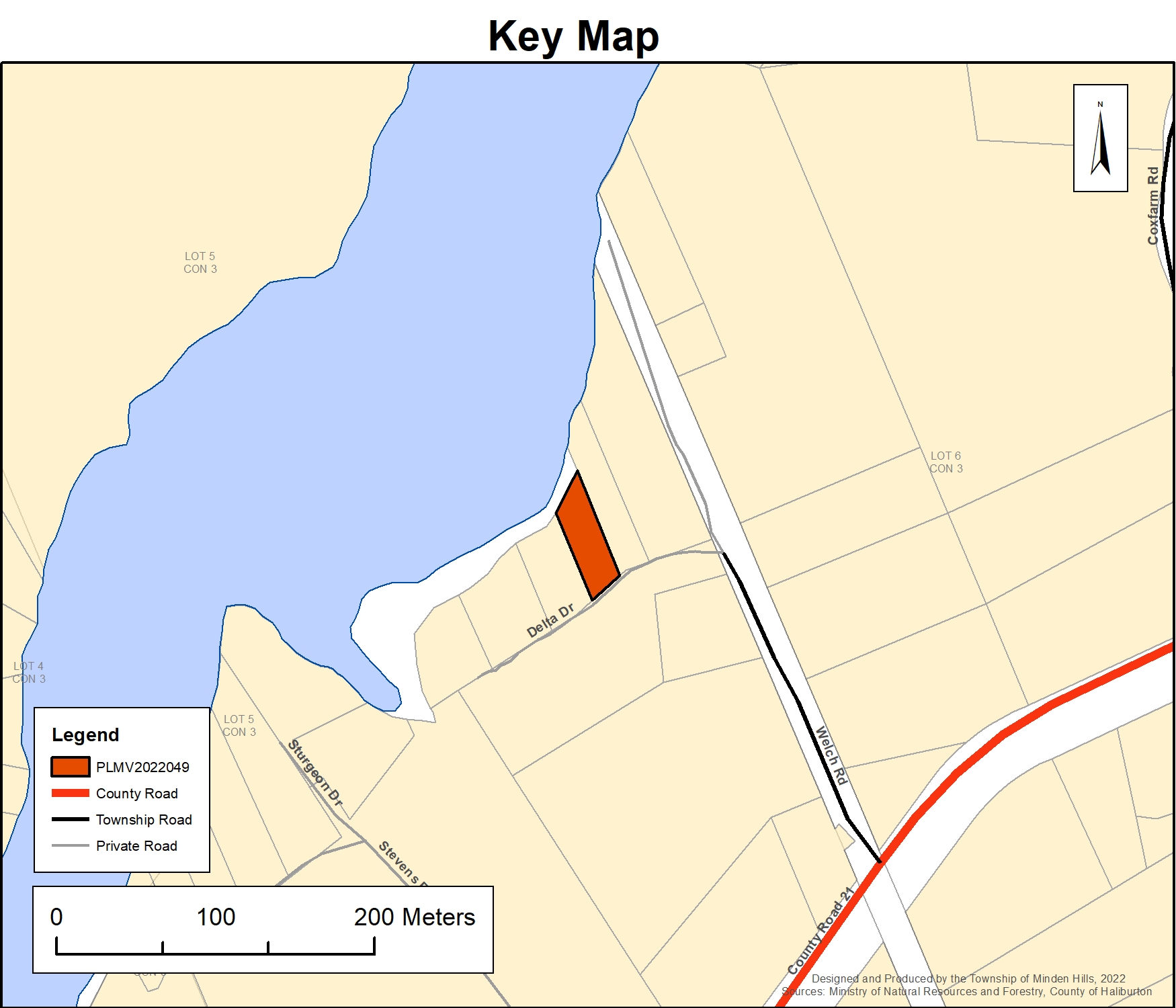 key map showing location of Part Lot 5 Concession 3 geographic township of inden, municipally known as 1014 Delta Drive